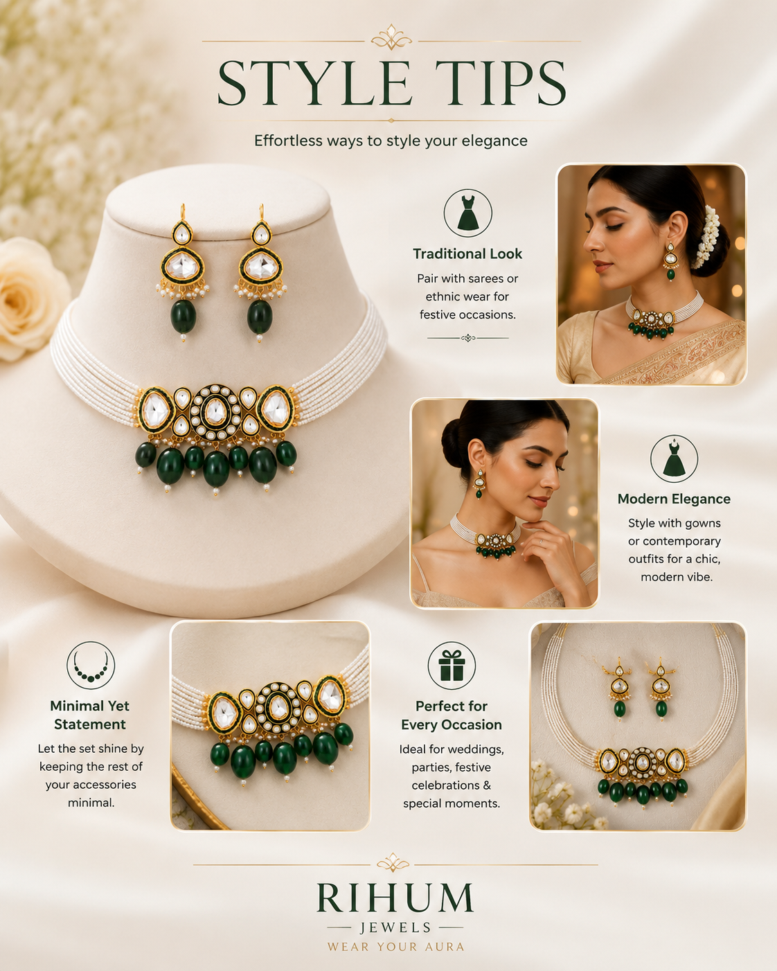 Gold-Plated Faux Kundan Pearl Choker & Earrings Set | Emerald Green | Bridal Wedding Jewelry