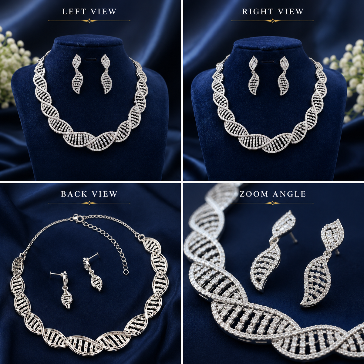 White Rhodium CZ Necklace Set with Leaf Earrings | Double Helix Design | American Diamond Jewelry
