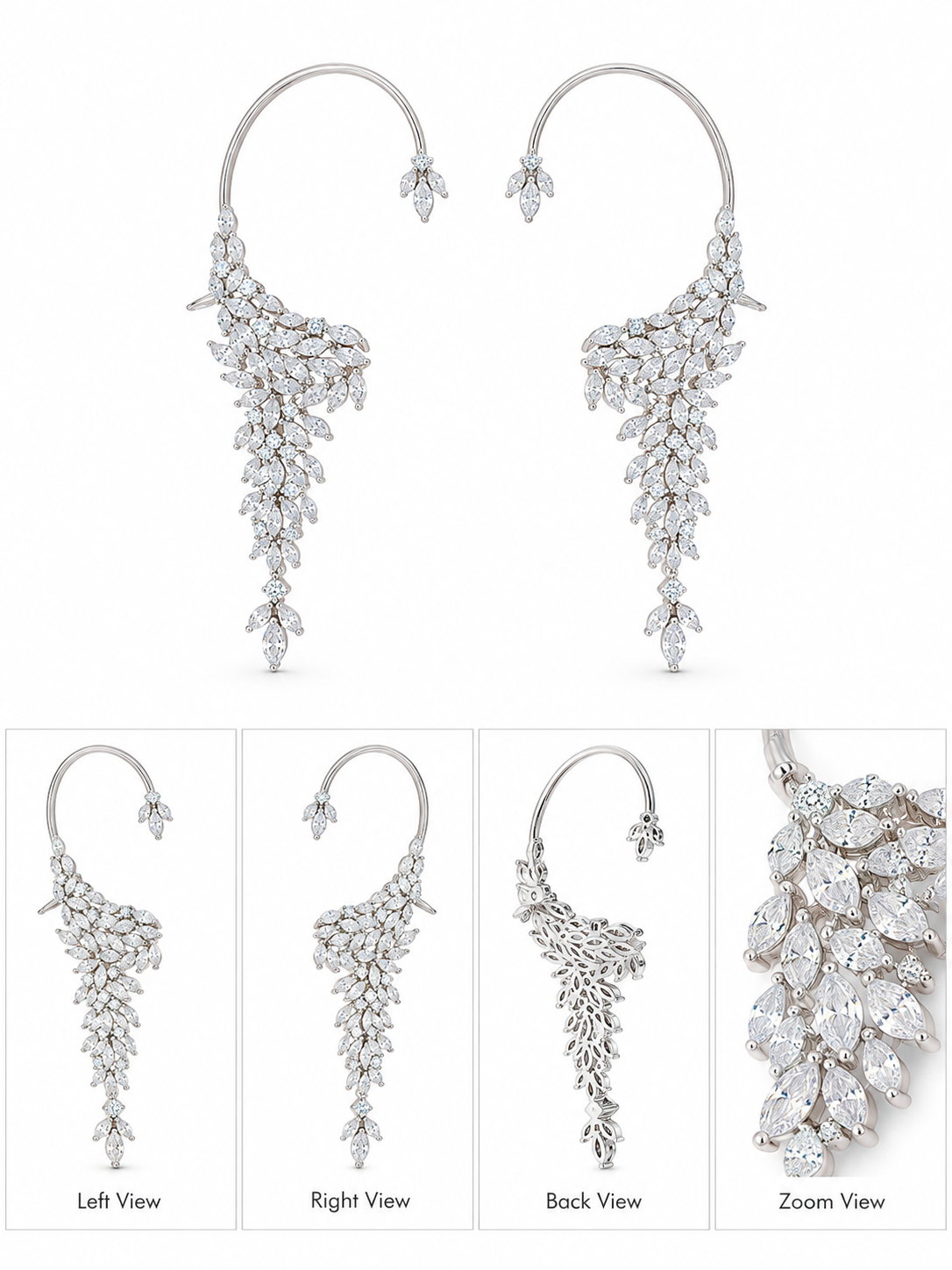 Rihum Luxury Marquise Zircon Cascading Ear Cuffs in White Rhodium Finish