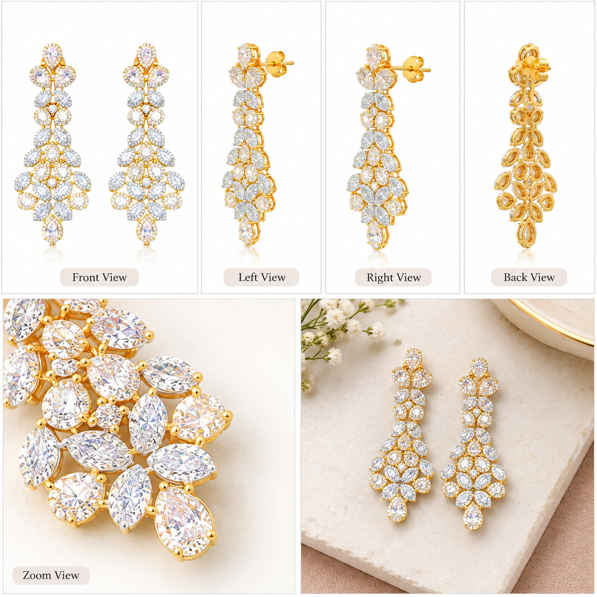 Exquisite Two-Tone Gold and Rhodium Chandelier Drop Earrings.