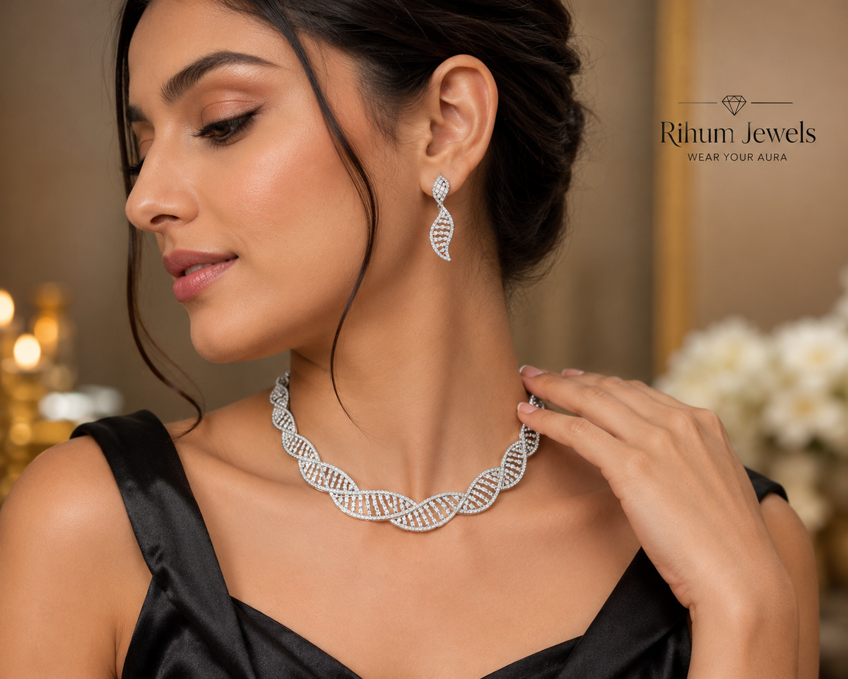White Rhodium CZ Necklace Set with Leaf Earrings | Double Helix Design | American Diamond Jewelry
