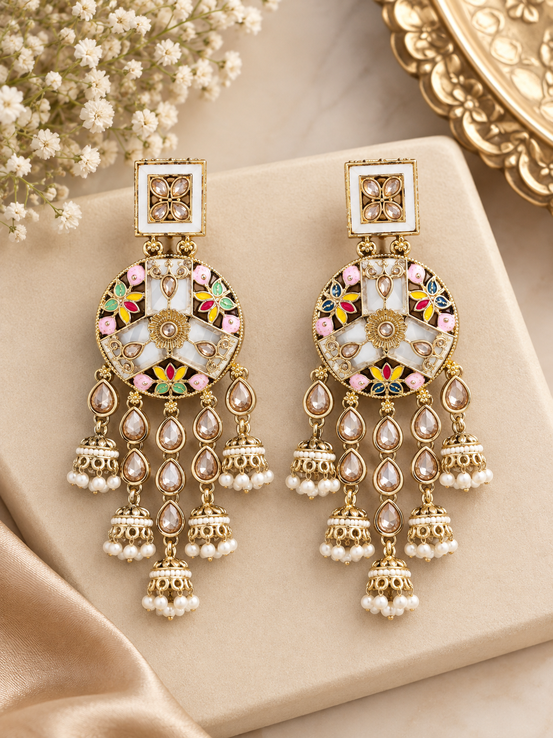 Imperial Mehndi Polish Royal Jhumka Drop Earrings – Multi-Tiered Colorful Festive Statement Dusters