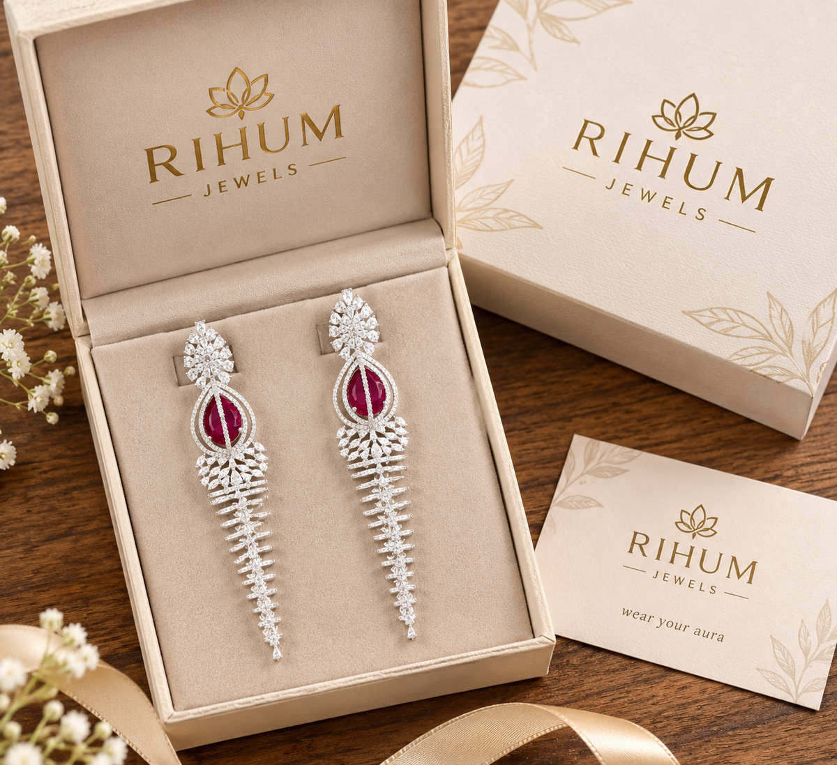 Elegant Rhodium-Plated Cascading Chandelier Earrings with Ruby-Red Centerpiece.