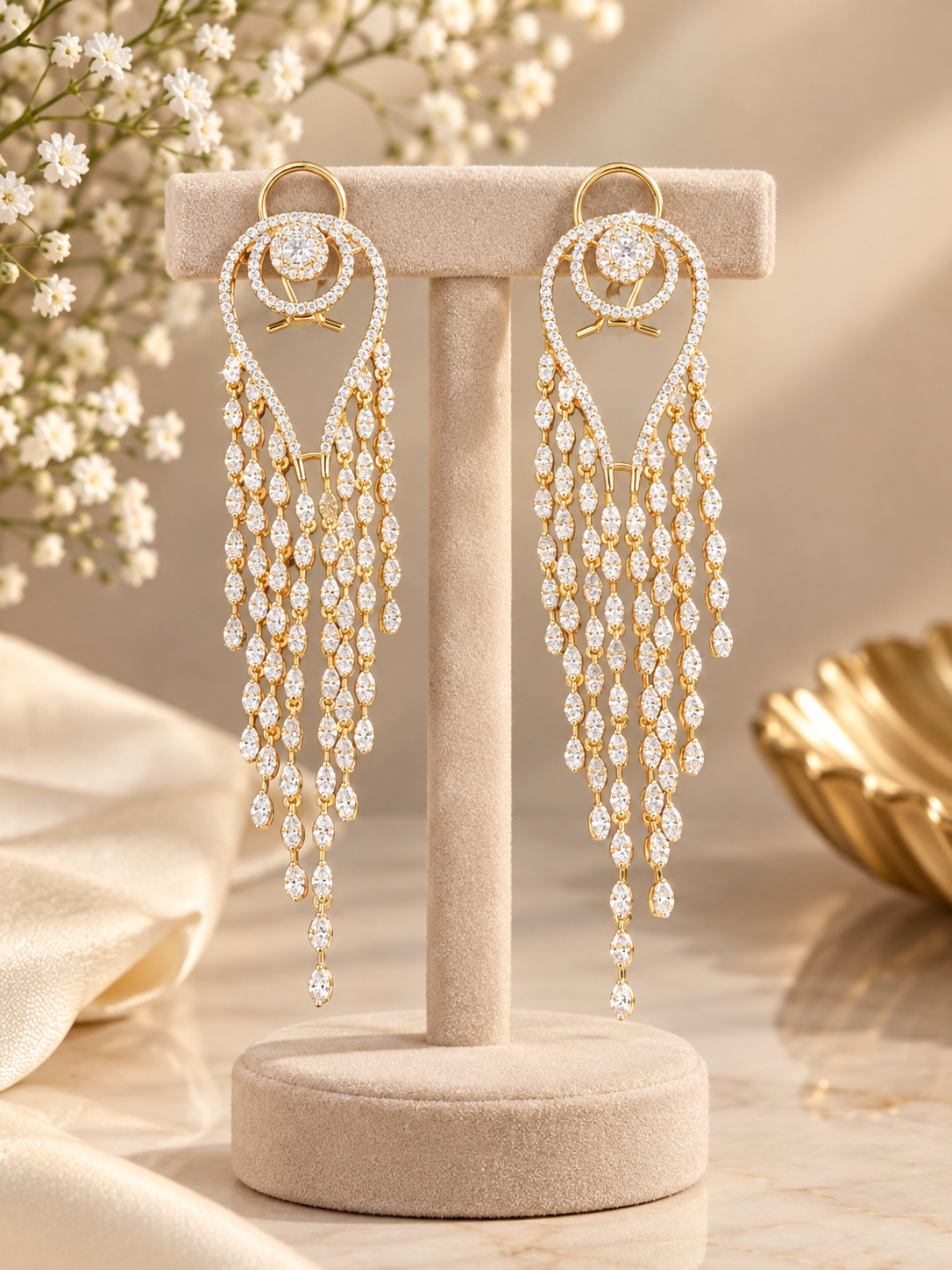 Rihum  Luxury Cascading Marquise Zircon Tassel Dangle Earrings in Rose Gold Plating