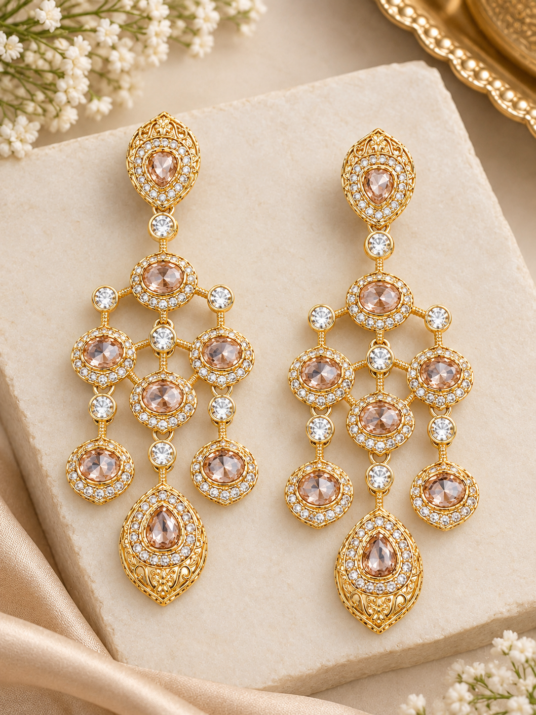 Vintage Mehndi Gold Tiered Chandelier Earrings – Champagne Stone Heritage Drop Earrings