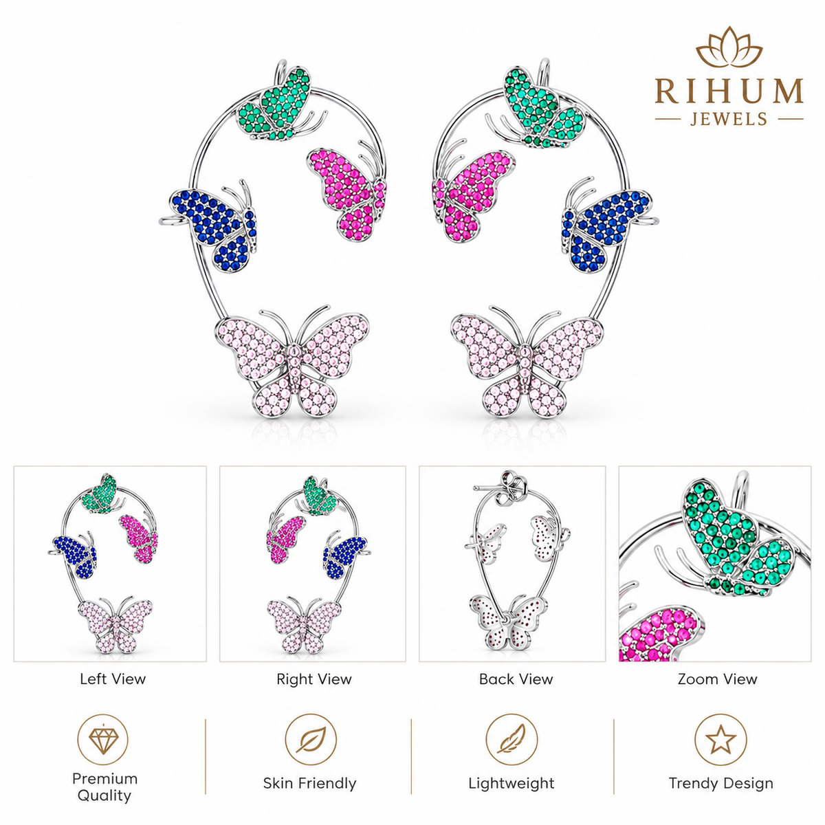 Rihum Enchanted Butterfly Cuff Earrings in Black Rhodium