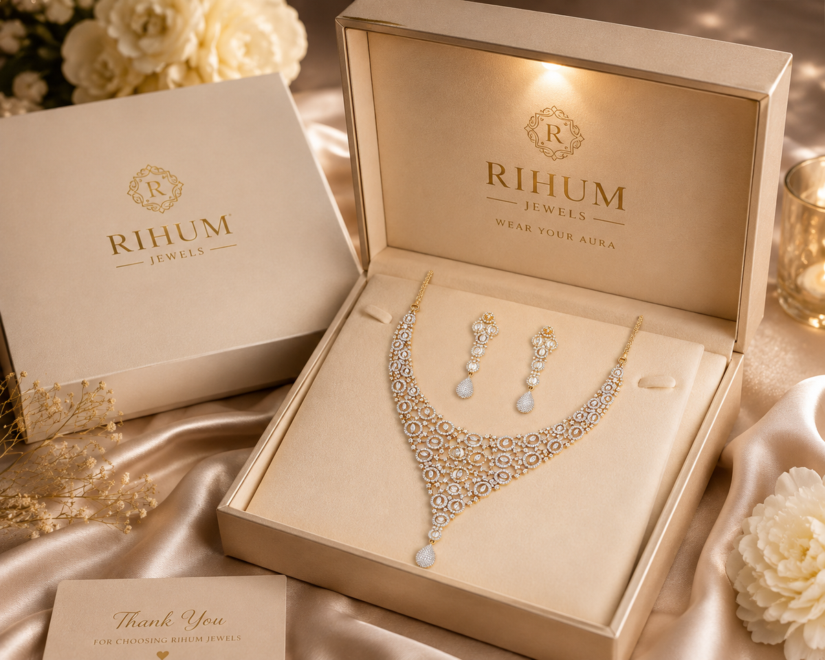Two-Tone Gold & Silver CZ Choker Necklace Set with Teardrop Earrings | American Diamond Bridal Jewelry