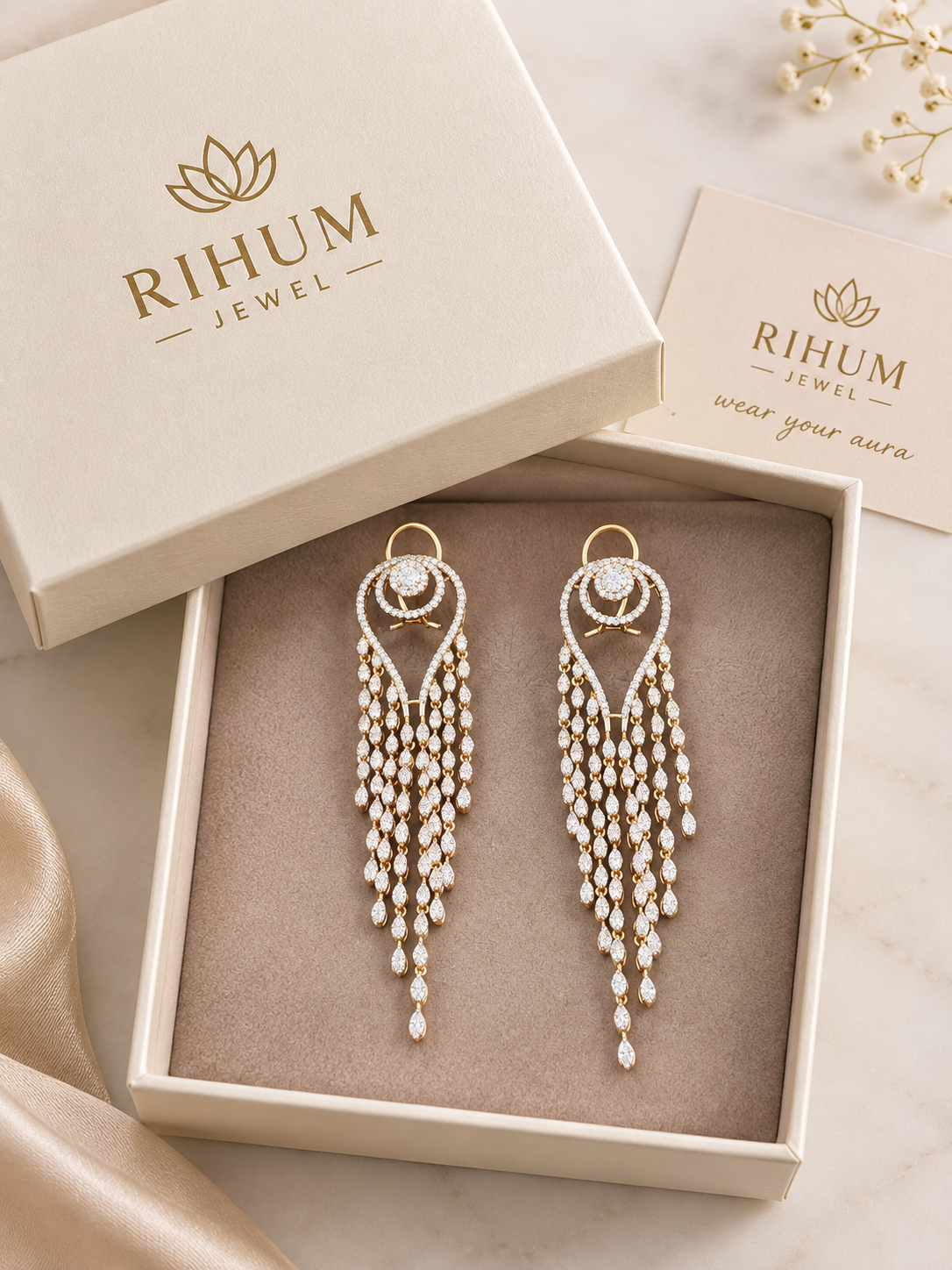 Rihum  Luxury Cascading Marquise Zircon Tassel Dangle Earrings in Rose Gold Plating