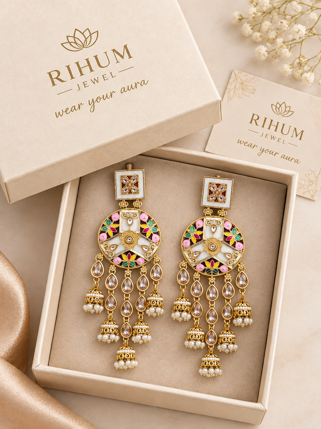 Imperial Mehndi Polish Royal Jhumka Drop Earrings – Multi-Tiered Colorful Festive Statement Dusters