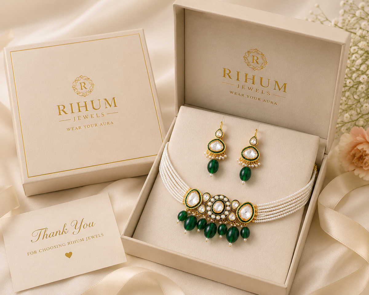 Gold-Plated Faux Kundan Pearl Choker & Earrings Set | Emerald Green | Bridal Wedding Jewelry