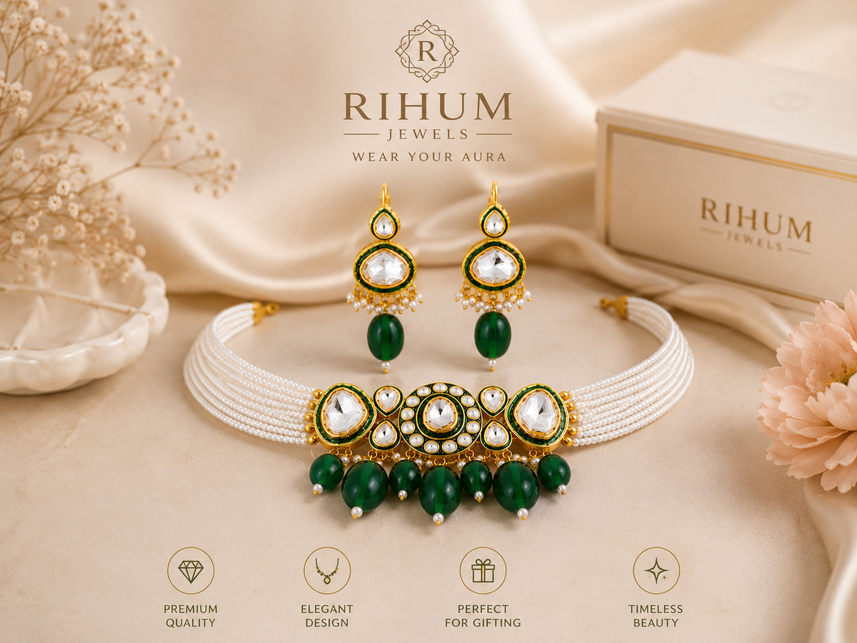 Gold-Plated Faux Kundan Pearl Choker & Earrings Set | Emerald Green | Bridal Wedding Jewelry