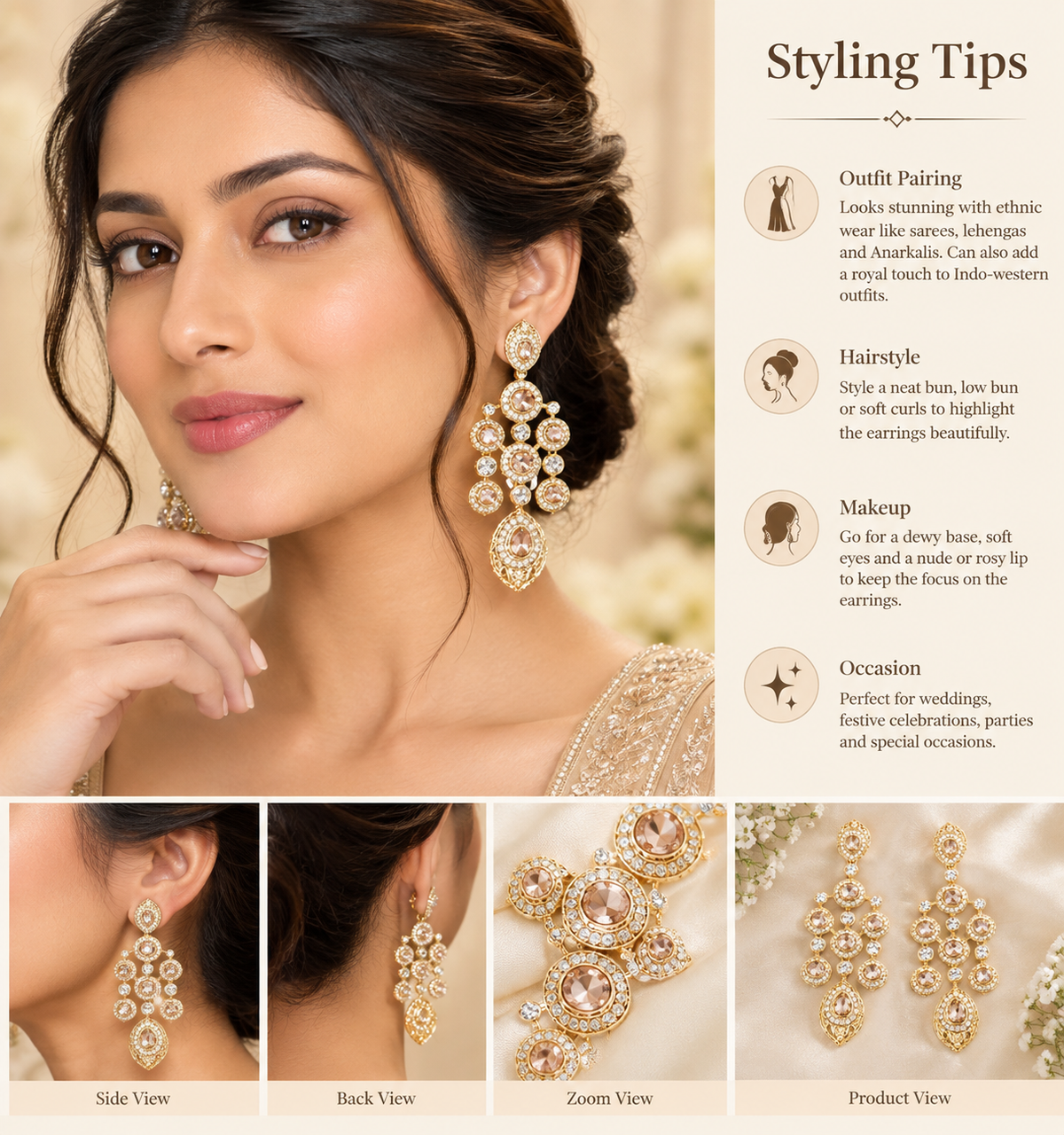Vintage Mehndi Gold Tiered Chandelier Earrings – Champagne Stone Heritage Drop Earrings