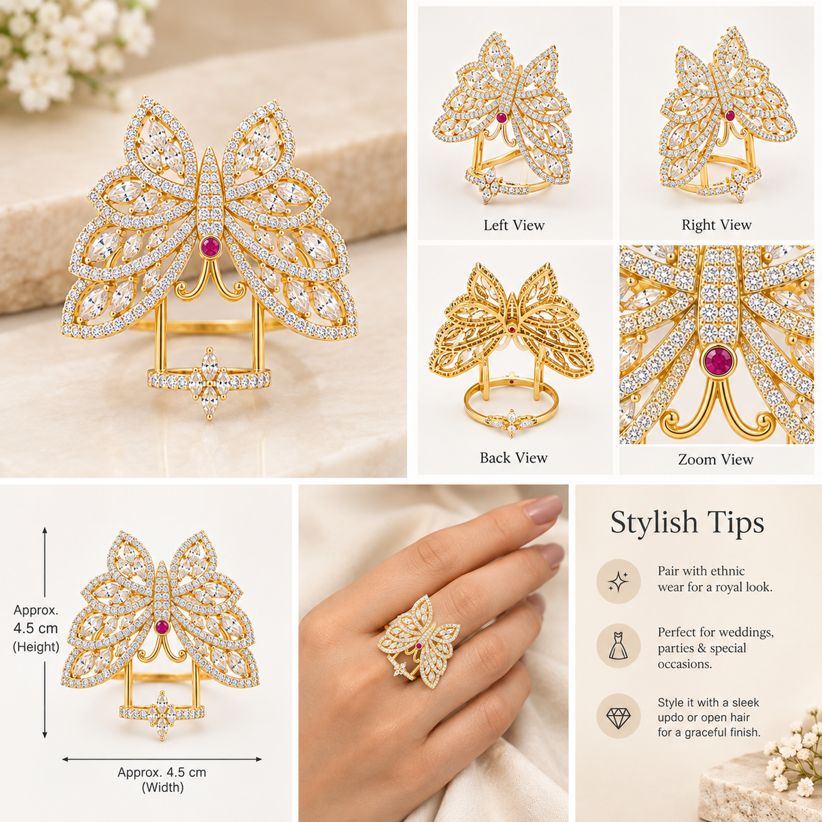 Rihum Multi-Color Cubic Zirconia Butterfly Full-Finger Statement Ring