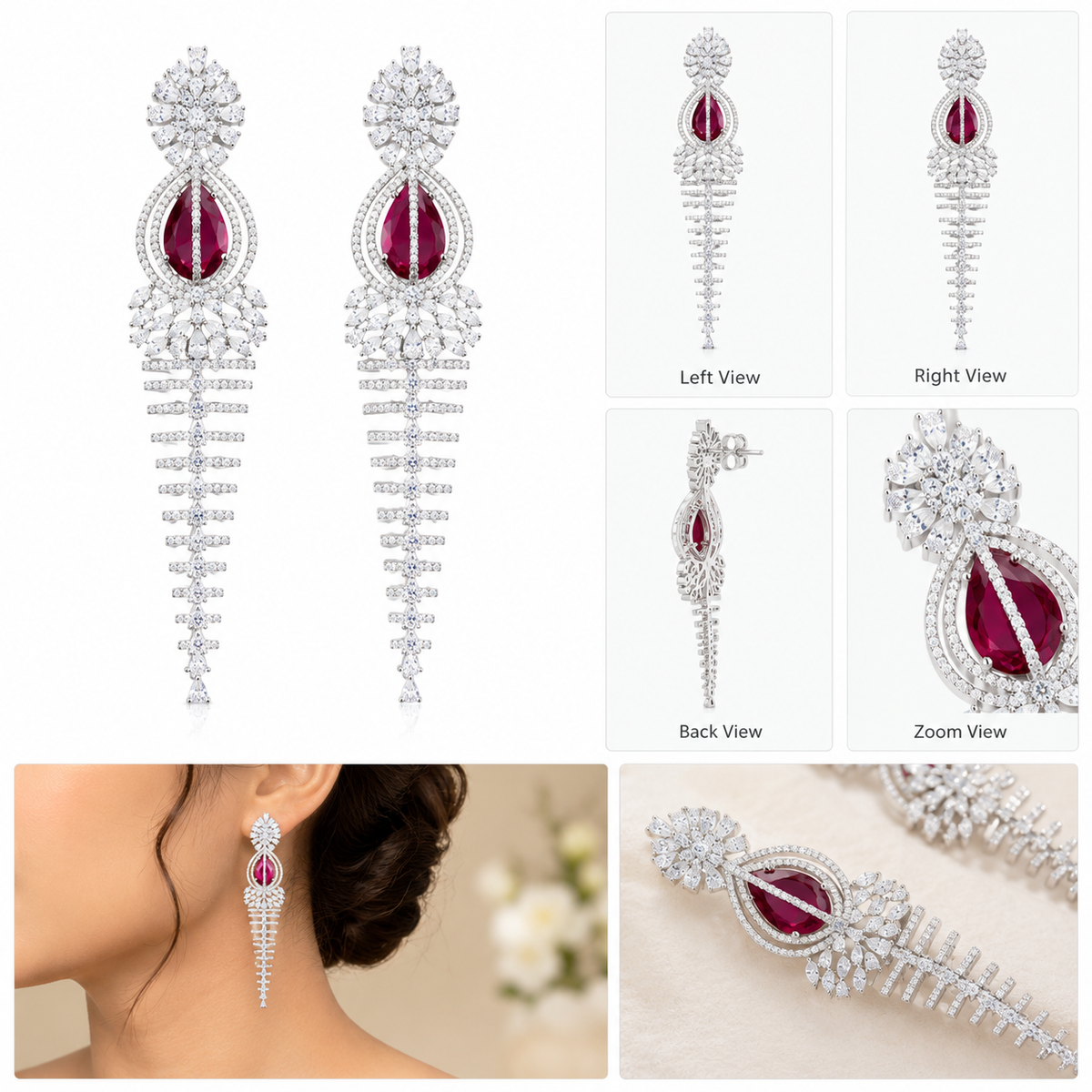 Elegant Rhodium-Plated Cascading Chandelier Earrings with Ruby-Red Centerpiece.