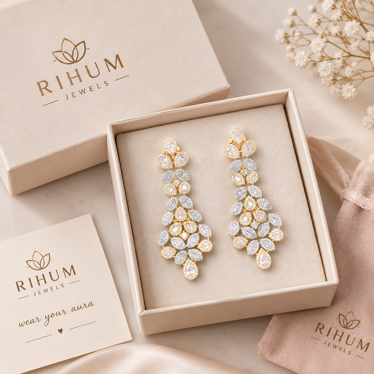 Exquisite Two-Tone Gold and Rhodium Chandelier Drop Earrings.