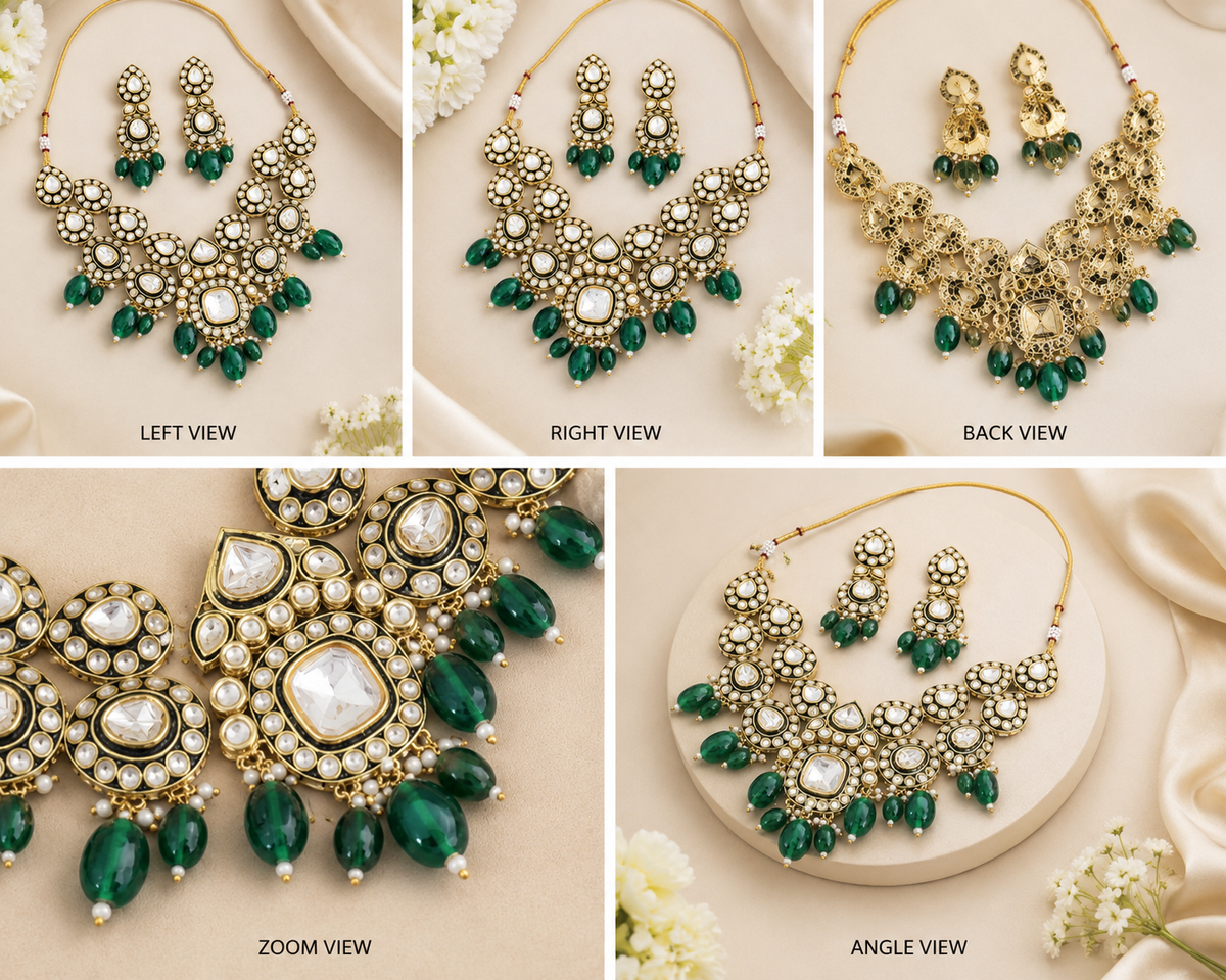 Emerald Green Kundan necklace Set with Drop Earrings & Maang Tikka | Gold-Plated Bridal Jewelry