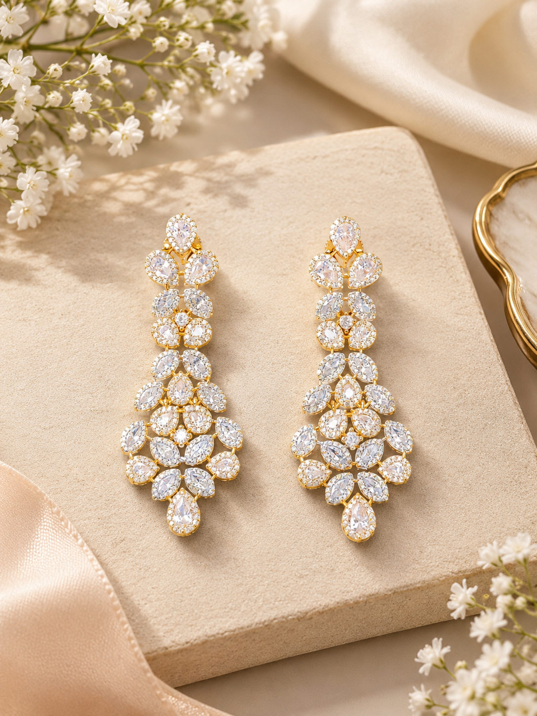 Exquisite Two-Tone Gold and Rhodium Chandelier Drop Earrings.