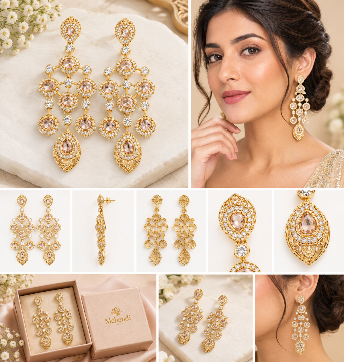 Vintage Mehndi Gold Tiered Chandelier Earrings – Champagne Stone Heritage Drop Earrings