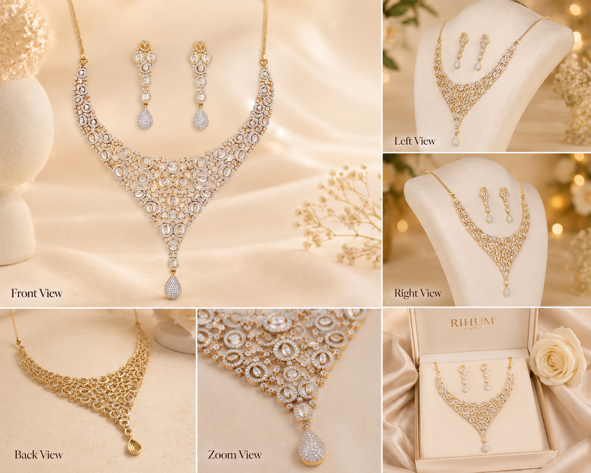 Two-Tone Gold & Silver CZ Choker Necklace Set with Teardrop Earrings | American Diamond Bridal Jewelry