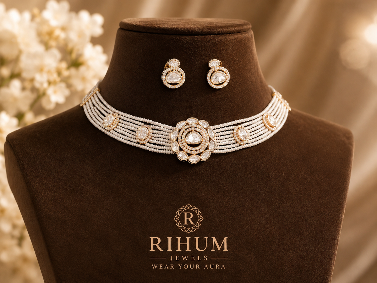 Elegant Multi Strand Beaded Choker Necklace Set