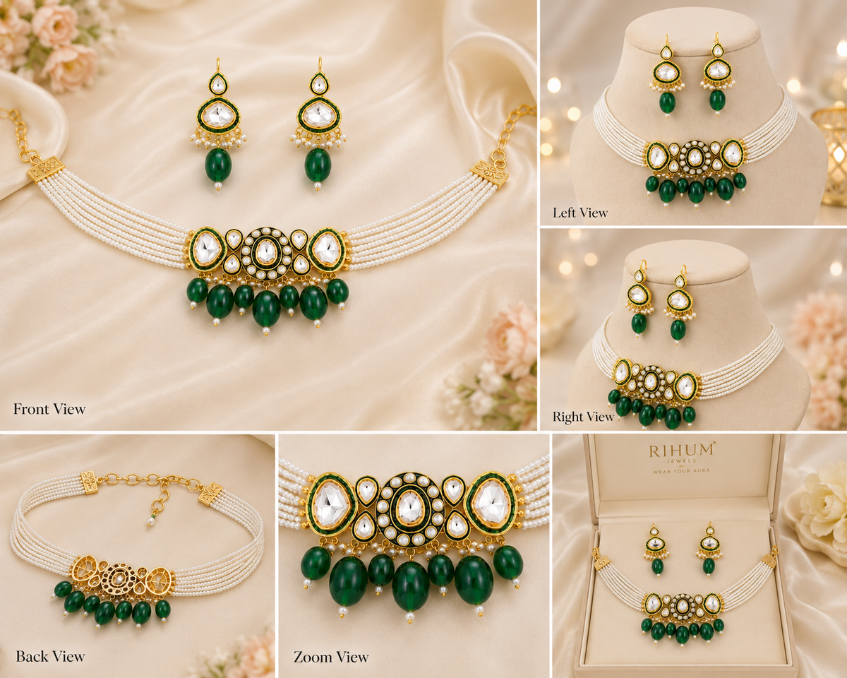 Gold-Plated Faux Kundan Pearl Choker & Earrings Set | Emerald Green | Bridal Wedding Jewelry