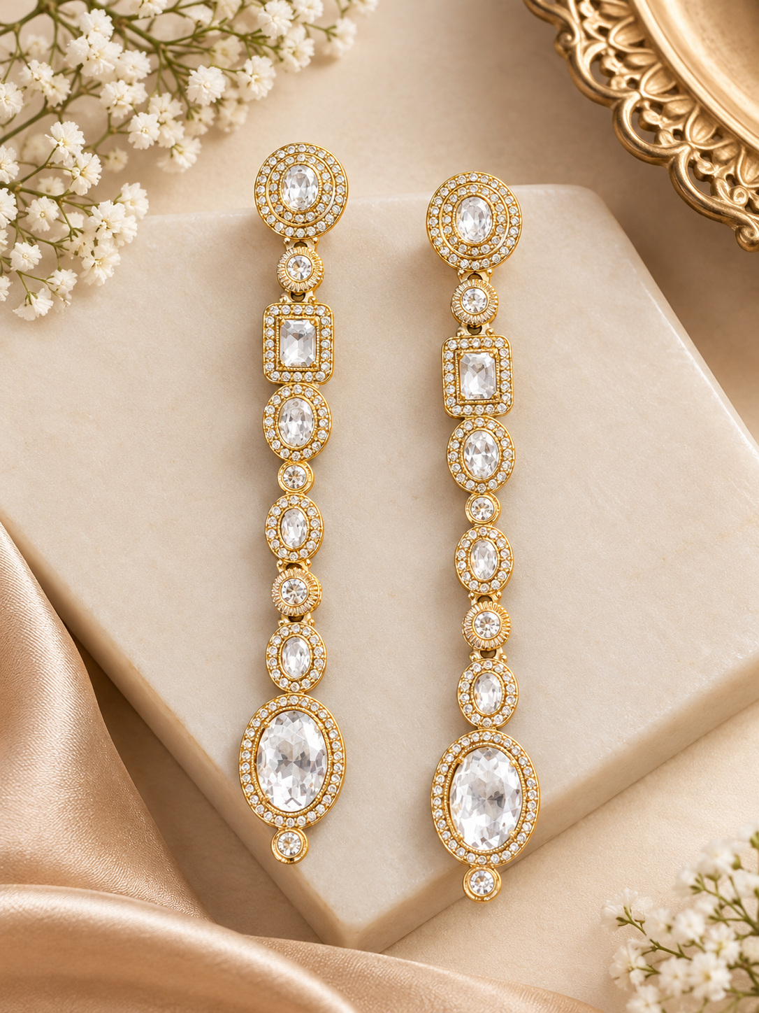 Imperial Mehndi Polish Linear Kundan Drop Earrings – Dramatic Ultra-Long Statement Dusters
