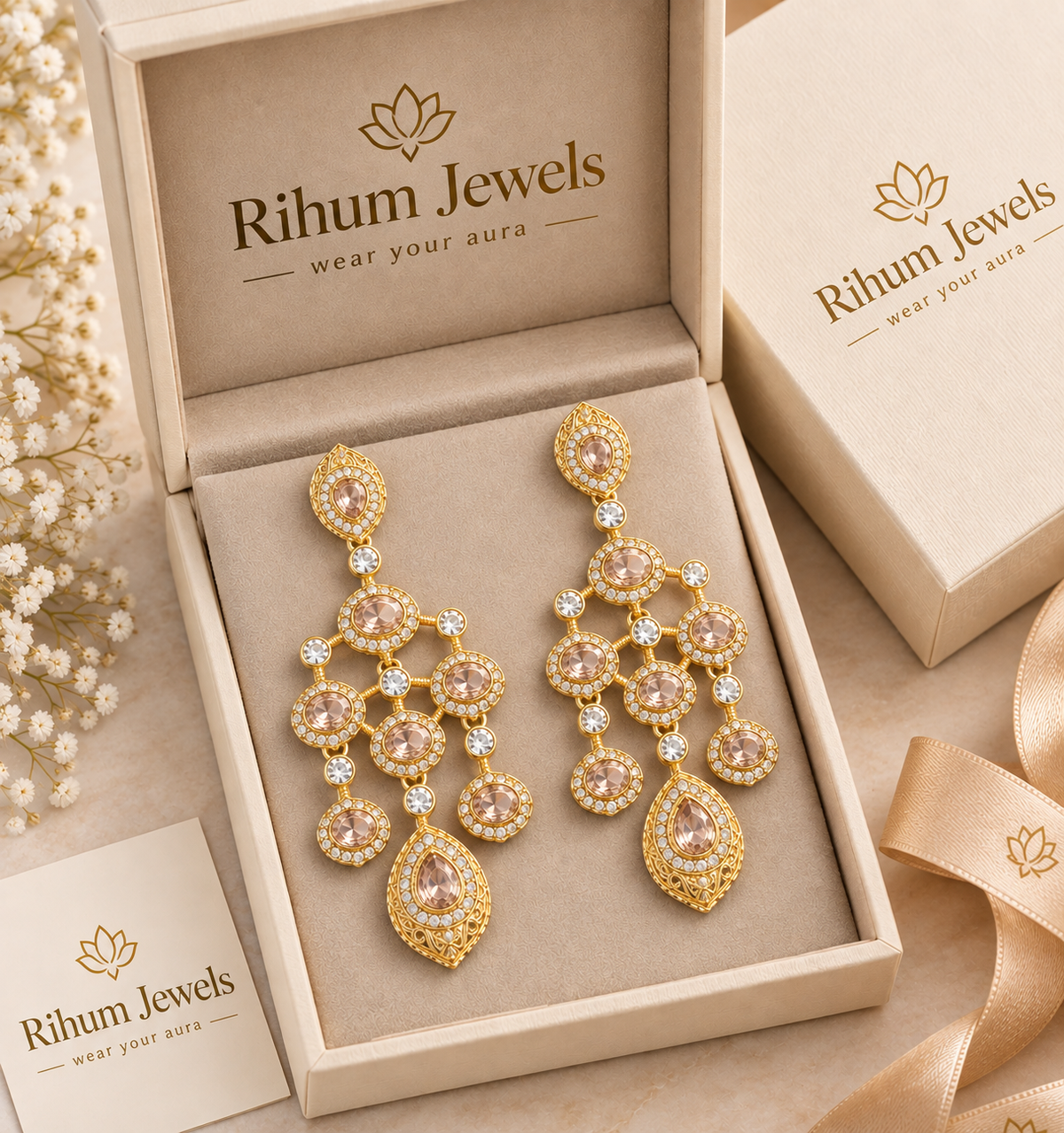Vintage Mehndi Gold Tiered Chandelier Earrings – Champagne Stone Heritage Drop Earrings