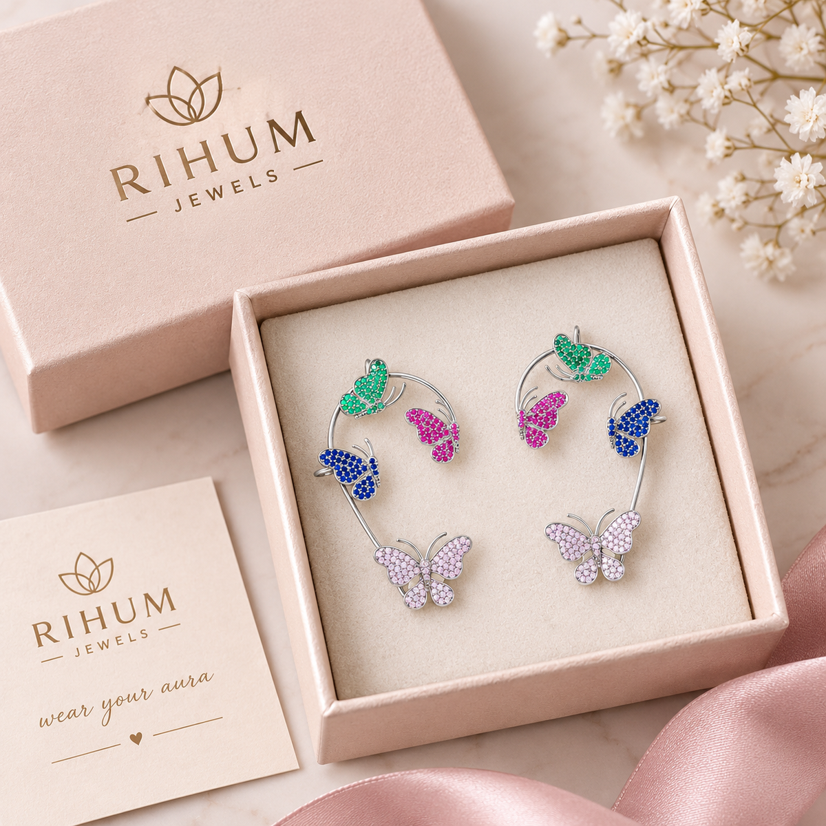 Rihum Enchanted Butterfly Cuff Earrings in Black Rhodium