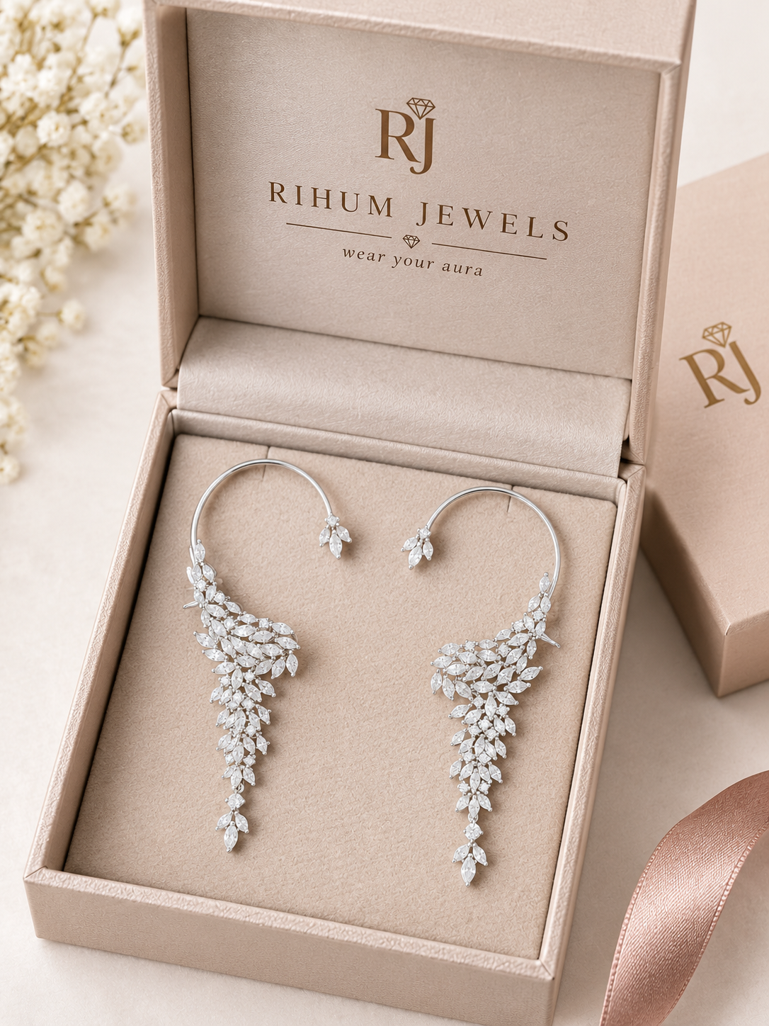 Rihum Luxury Marquise Zircon Cascading Ear Cuffs in White Rhodium Finish