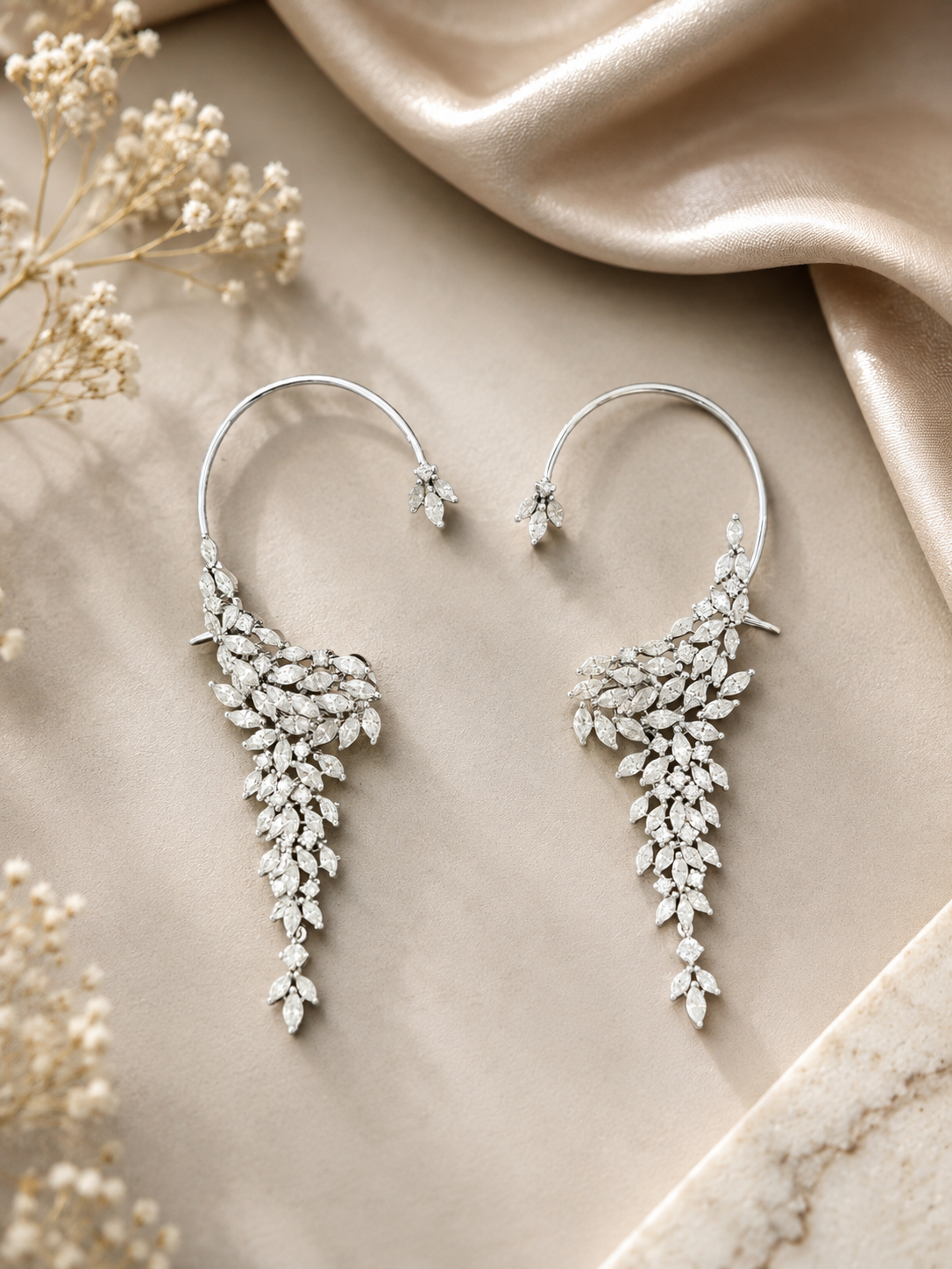 Rihum Luxury Marquise Zircon Cascading Ear Cuffs in White Rhodium Finish