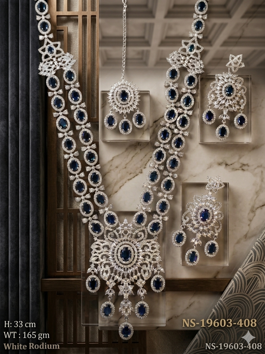 White Rhodium Plated Mint Green Stone Long Haram Necklace Set with Mang Tika and Earrings.