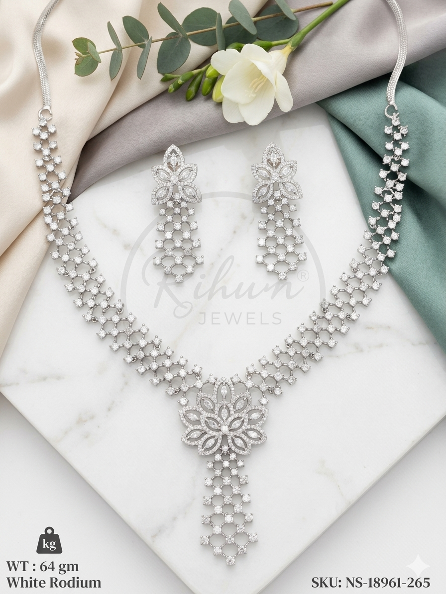 Premium Floral CZ American Diamond White Rhodium Polish Necklace Set.