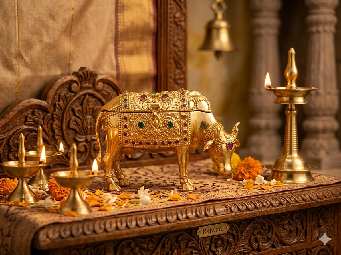 Handcrafted Gold Polish Kamdhenu Sindoor Dibbi | Antique Kumkum Box & Religious Vastu Idol.