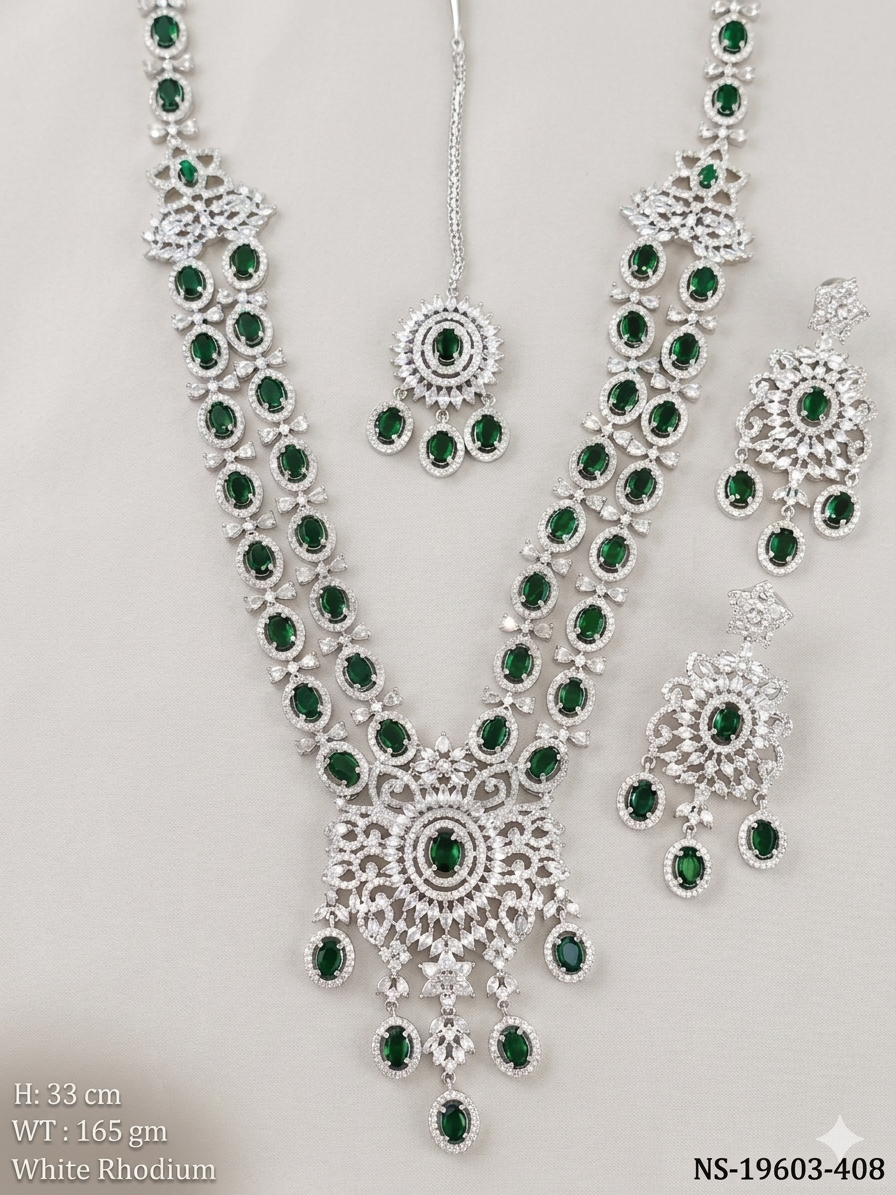 White Rhodium Plated Mint Green Stone Long Haram Necklace Set with Mang Tika and Earrings.