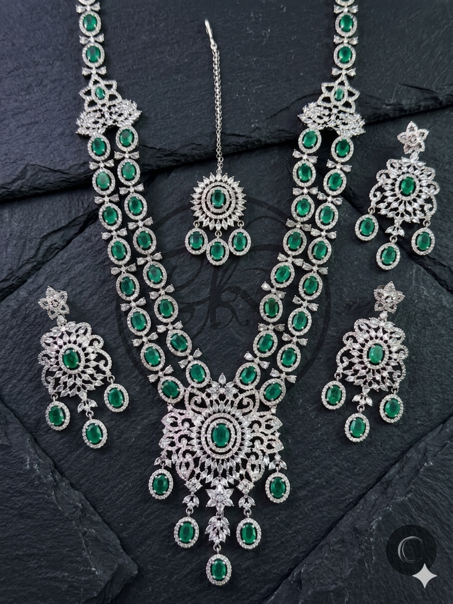White Rhodium Plated Mint Green Stone Long Haram Necklace Set with Mang Tika and Earrings.