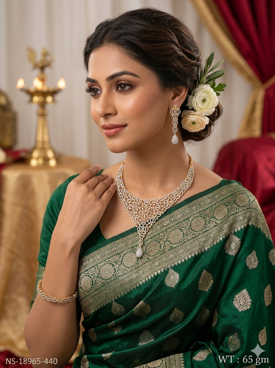 Premium Two-Tone Circular Intricate Mesh Cubic Zirconia American Diamond Choker Necklace Set with Tear-Drop Hanging Earrings