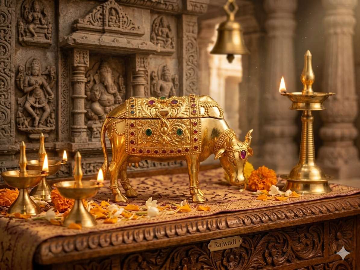 Handcrafted Gold Polish Kamdhenu Sindoor Dibbi | Antique Kumkum Box & Religious Vastu Idol.