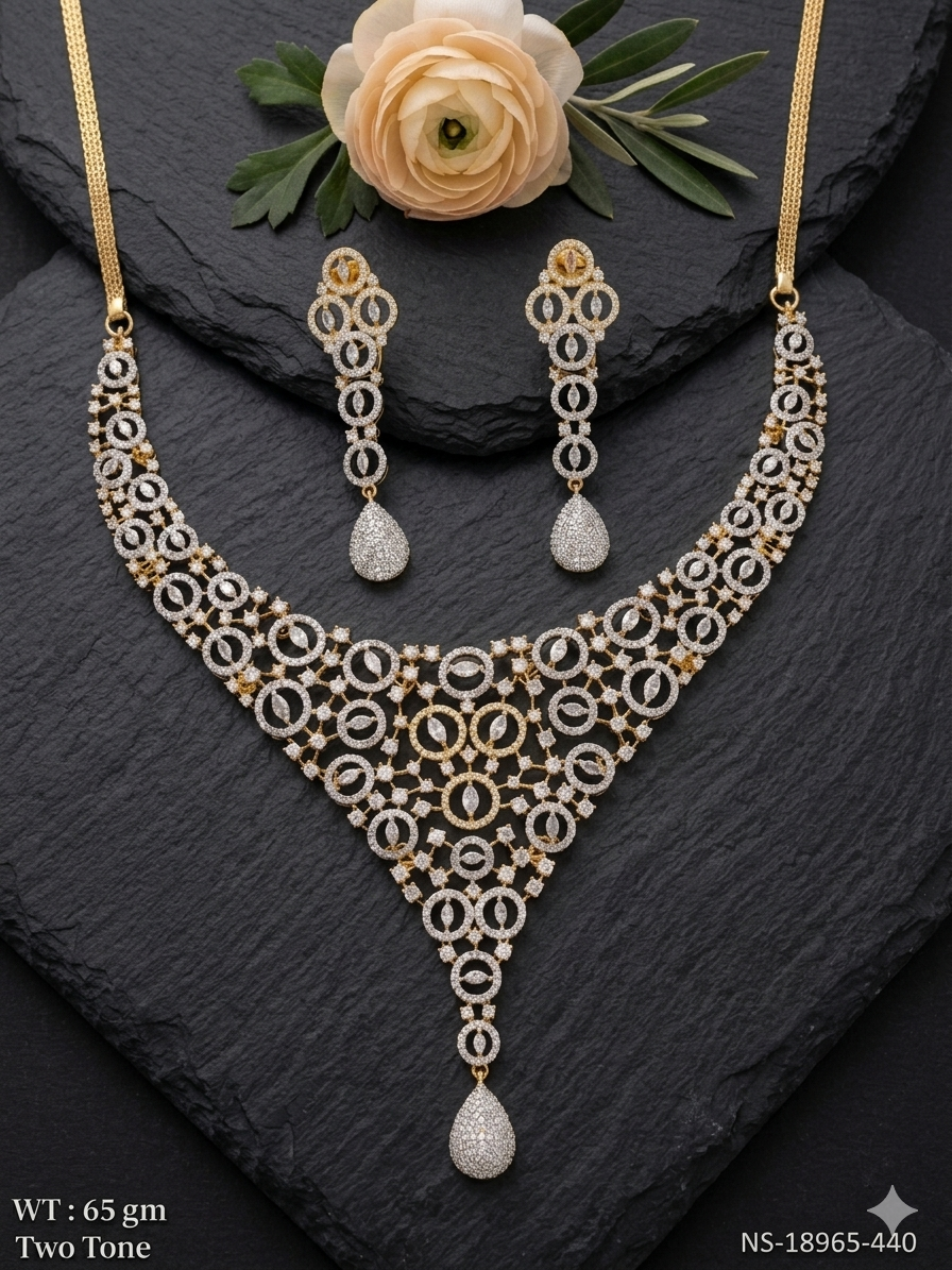 Premium Two-Tone Circular Intricate Mesh Cubic Zirconia American Diamond Choker Necklace Set with Tear-Drop Hanging Earrings