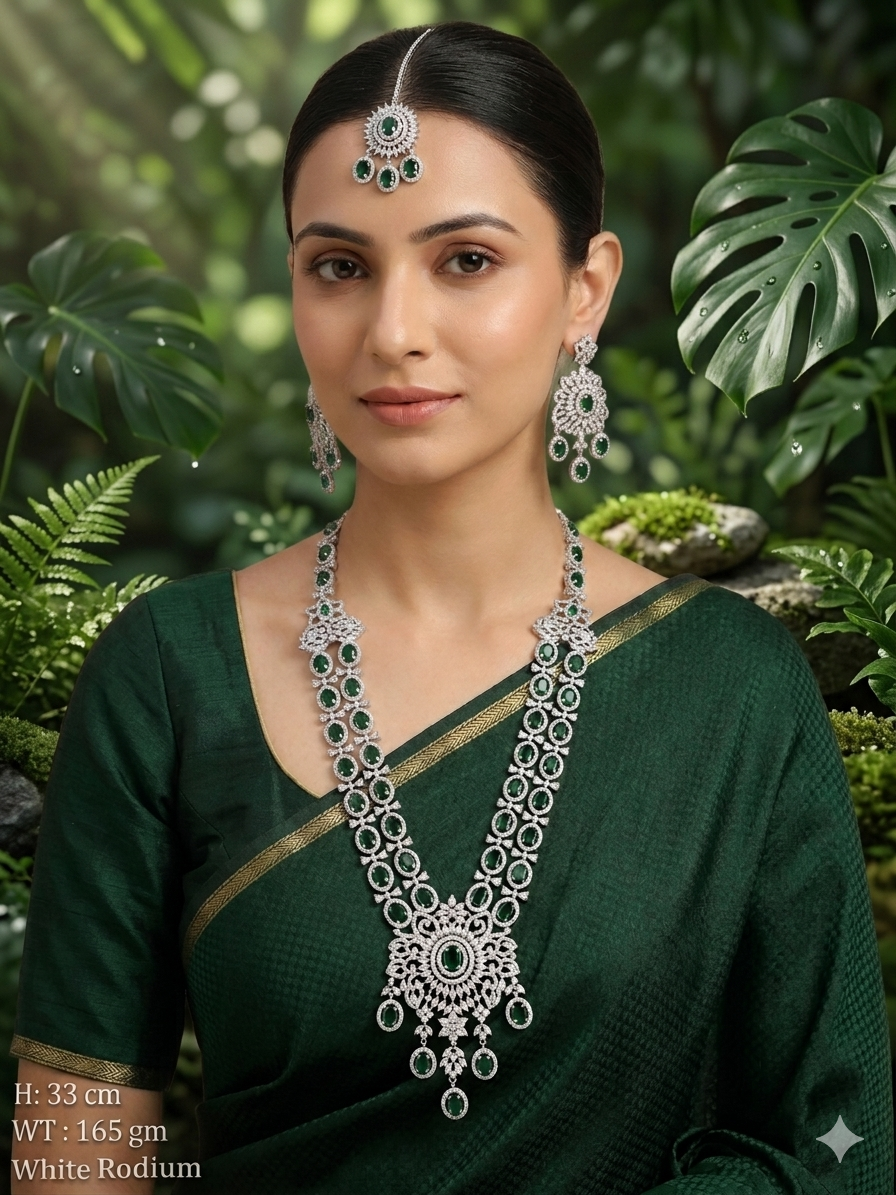 White Rhodium Plated Mint Green Stone Long Haram Necklace Set with Mang Tika and Earrings.