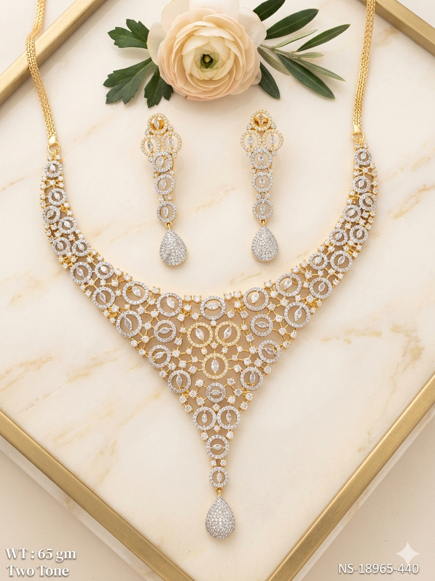 Premium Two-Tone Circular Intricate Mesh Cubic Zirconia American Diamond Choker Necklace Set with Tear-Drop Hanging Earrings