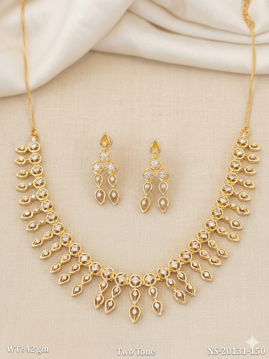 Two-Tone Gold-Plated Choker Necklace Set with CZ Dangling Earrings | American Diamond Ethnic Jewelry