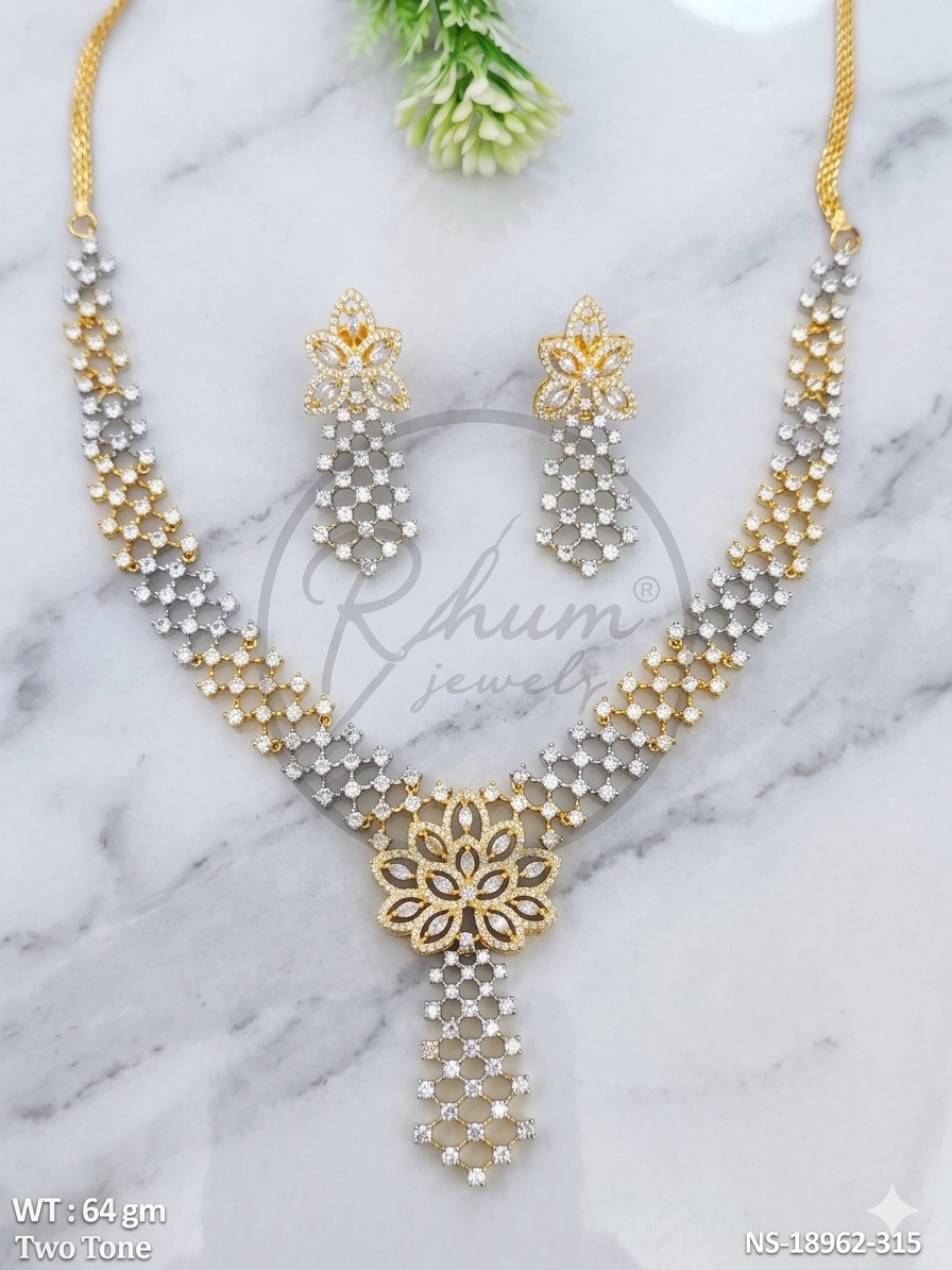 Premium Two-Tone Gold and Silver Plated Cubic Zirconia American Diamond Necklace Set with Drop Earrings.