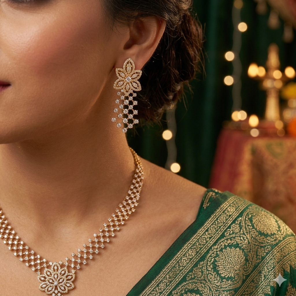 Premium Two-Tone Gold and Silver Plated Cubic Zirconia American Diamond Necklace Set with Drop Earrings.