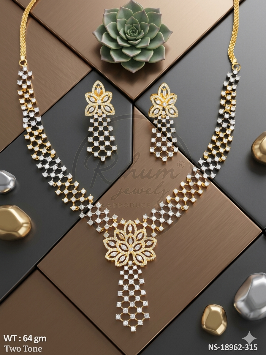 Premium Two-Tone Gold and Silver Plated Cubic Zirconia American Diamond Necklace Set with Drop Earrings.