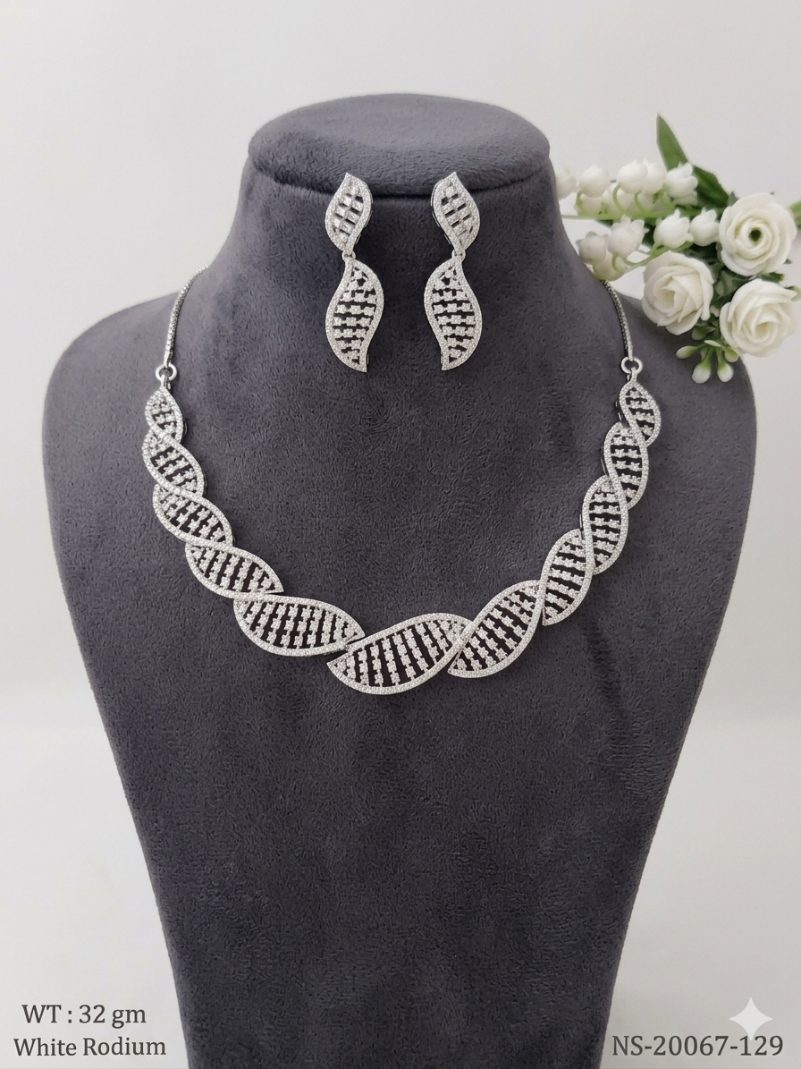 DNA-Inspired White Rhodium Plated CZ/AD Necklace Set with Matching Leaf Earrings.