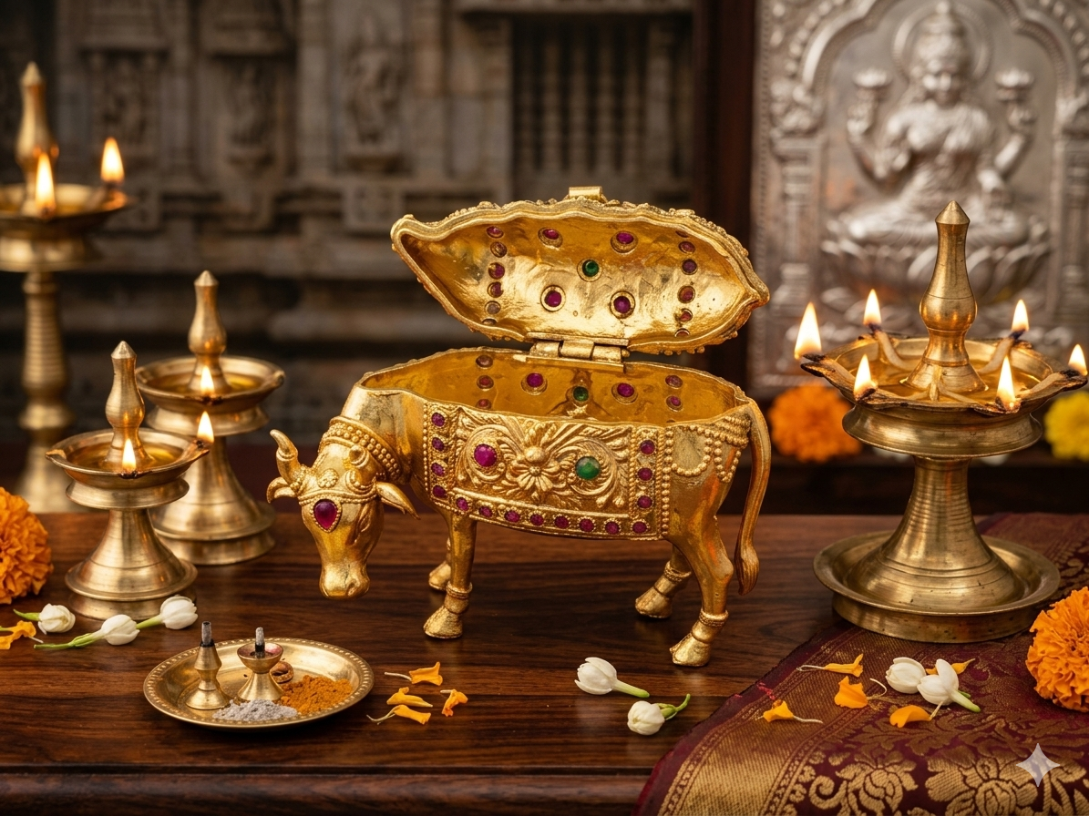 Handcrafted Gold Polish Kamdhenu Sindoor Dibbi | Antique Kumkum Box & Religious Vastu Idol.