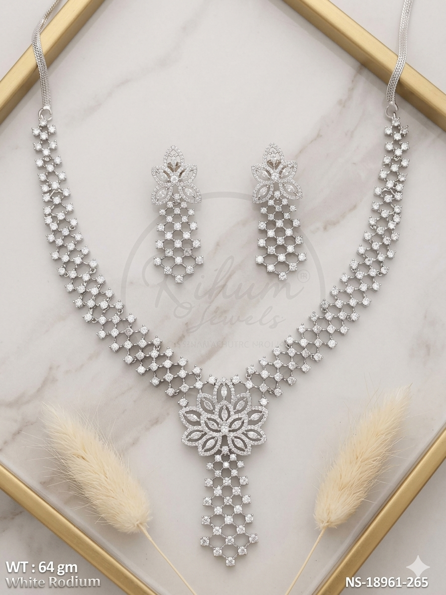 Premium Floral CZ American Diamond White Rhodium Polish Necklace Set.