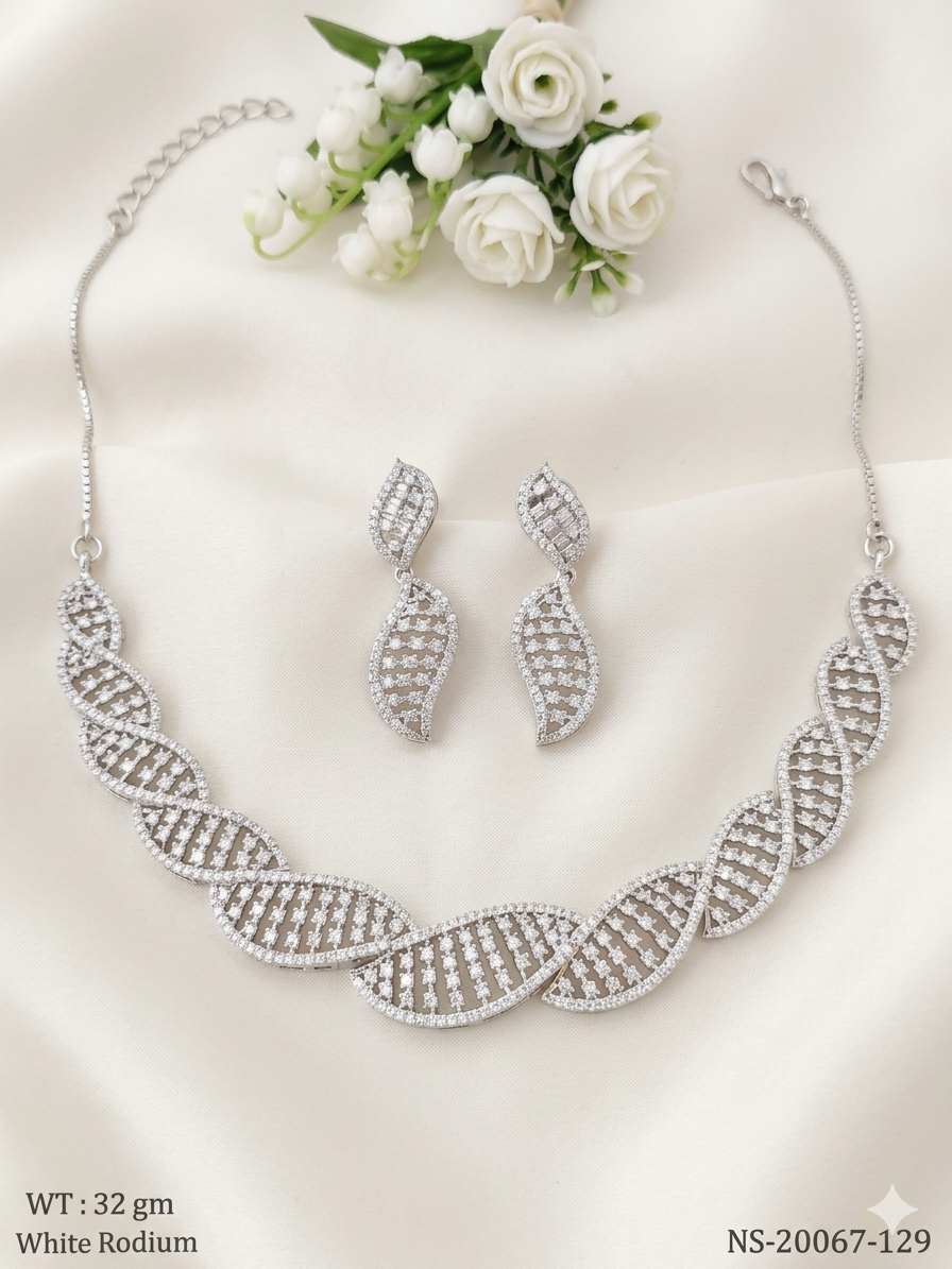DNA-Inspired White Rhodium Plated CZ/AD Necklace Set with Matching Leaf Earrings.
