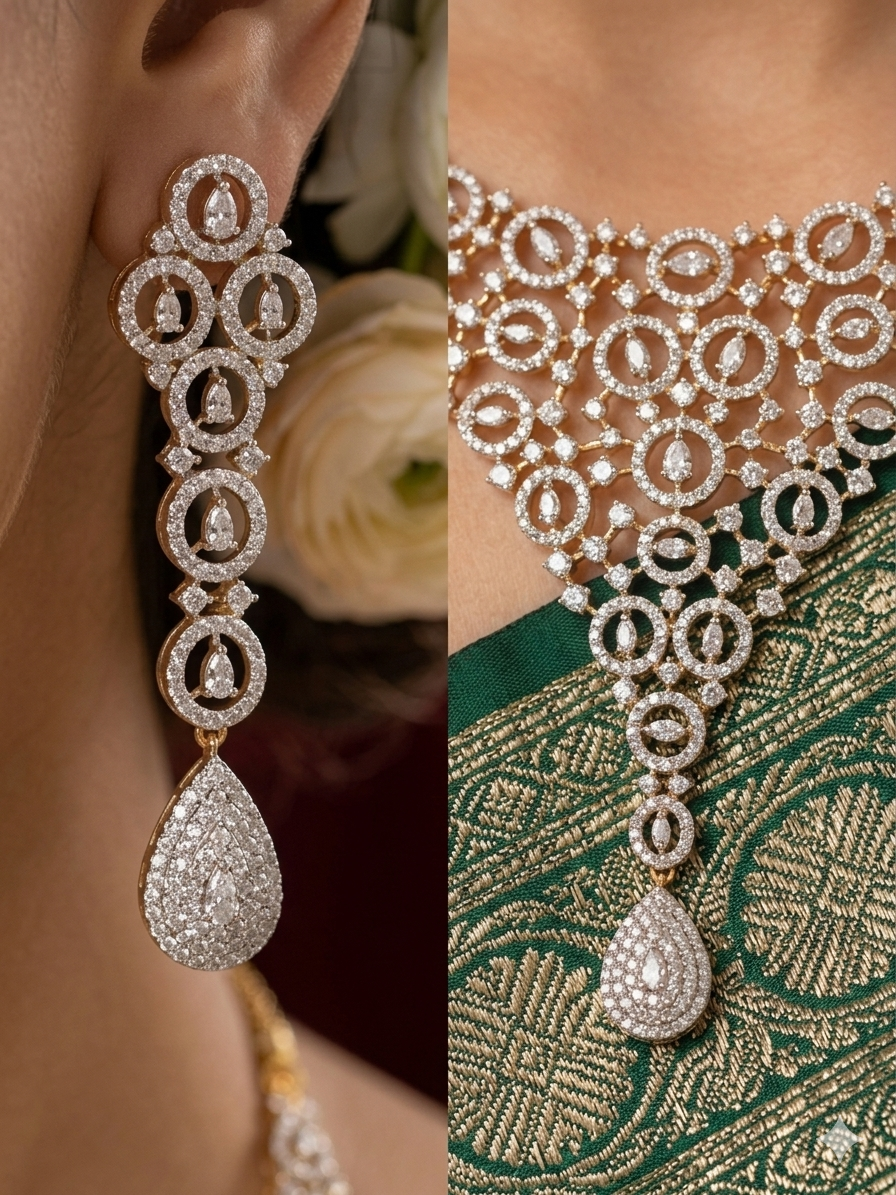 Premium Two-Tone Circular Intricate Mesh Cubic Zirconia American Diamond Choker Necklace Set with Tear-Drop Hanging Earrings