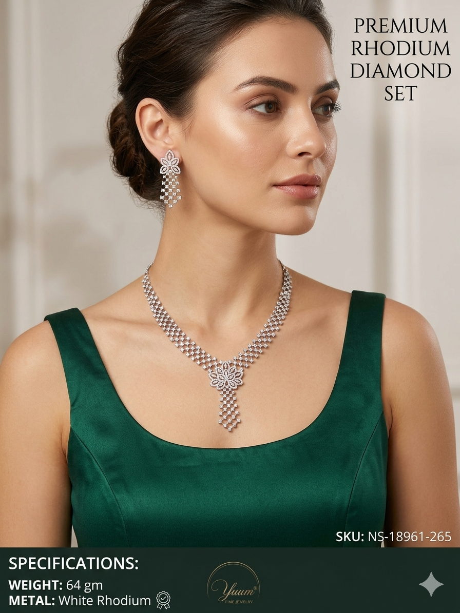 Premium Floral CZ American Diamond White Rhodium Polish Necklace Set.